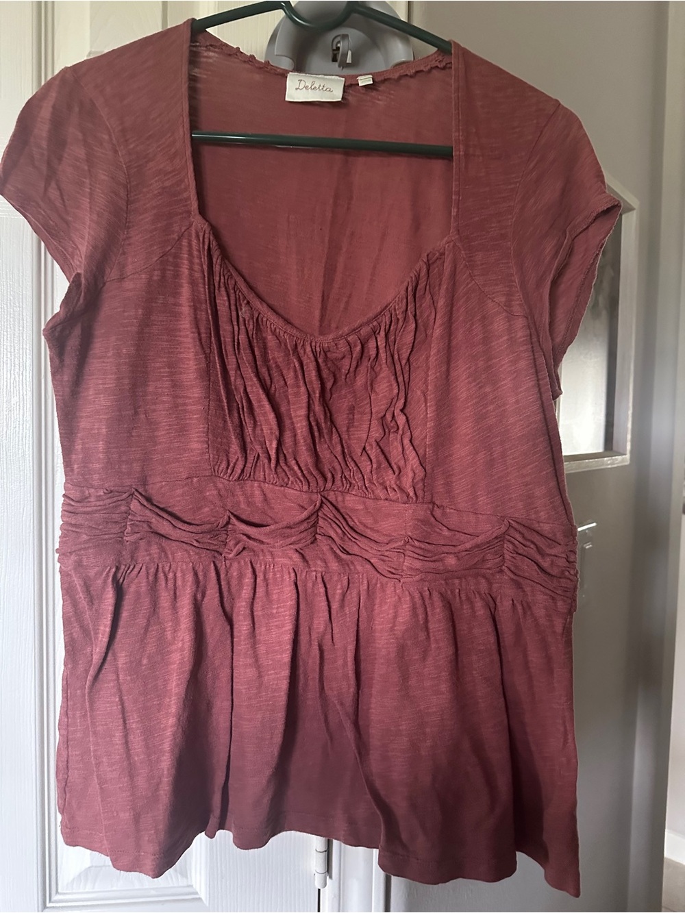 Anthropologie Rust-Red Short Sleeve Scoop Neck Tunic with Ruched Waist